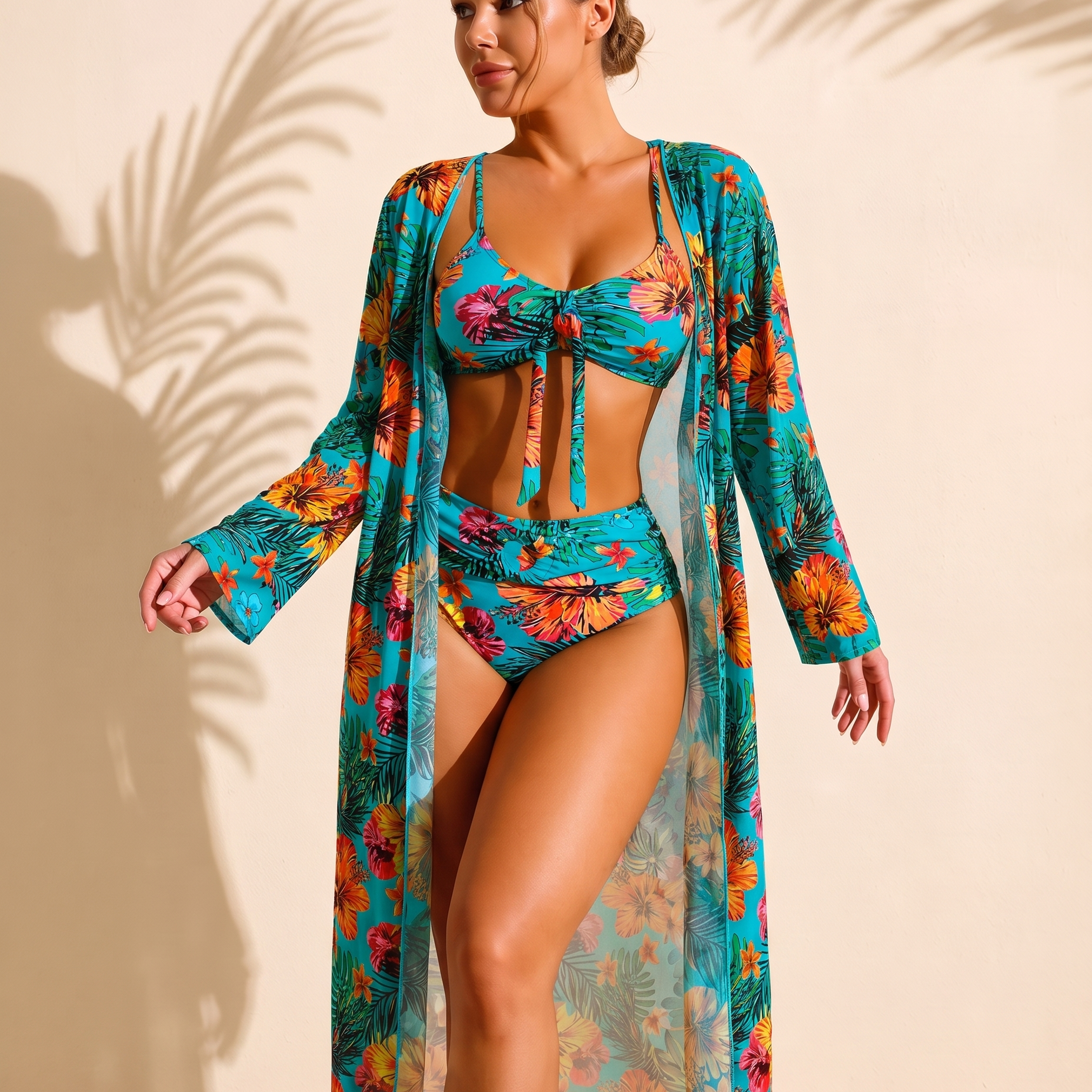 Lucía bikini tropical de tres piezas azul turquesa con kimono