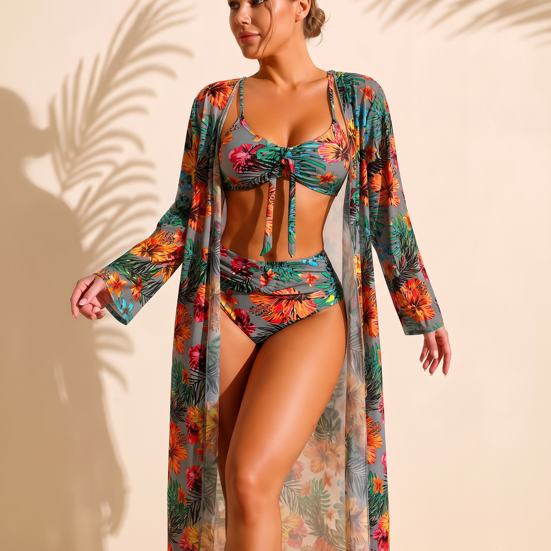Lucía bikini tropical de tres piezas gris con kimono