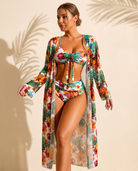 Lucía bikini tropical de tres piezas blanco con kimono