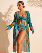 Lucía bikini tropical de tres piezas azul turquesa con kimono