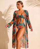 Lucía bikini tropical de tres piezas gris con kimono