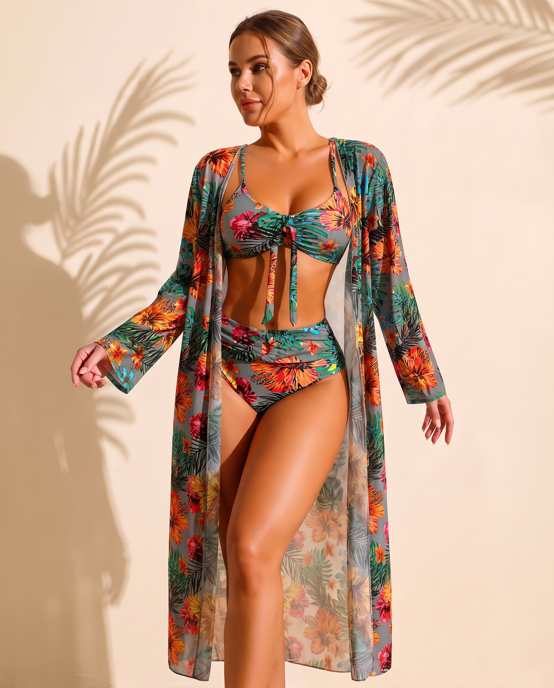 Lucía bikini tropical de tres piezas gris con kimono